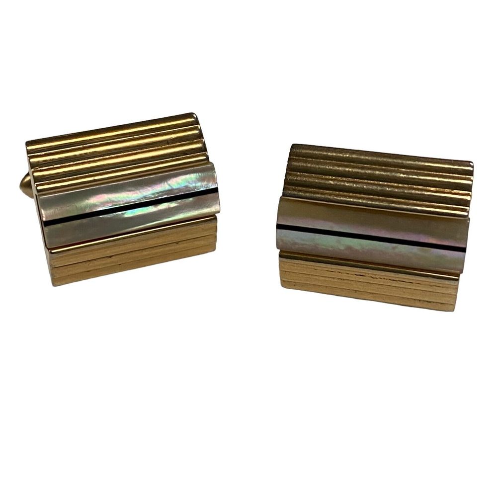 Vintage Mens Gold Tone Signed SWANK Mother Of Pearl Inlay Cufflinks Ribbed MCM